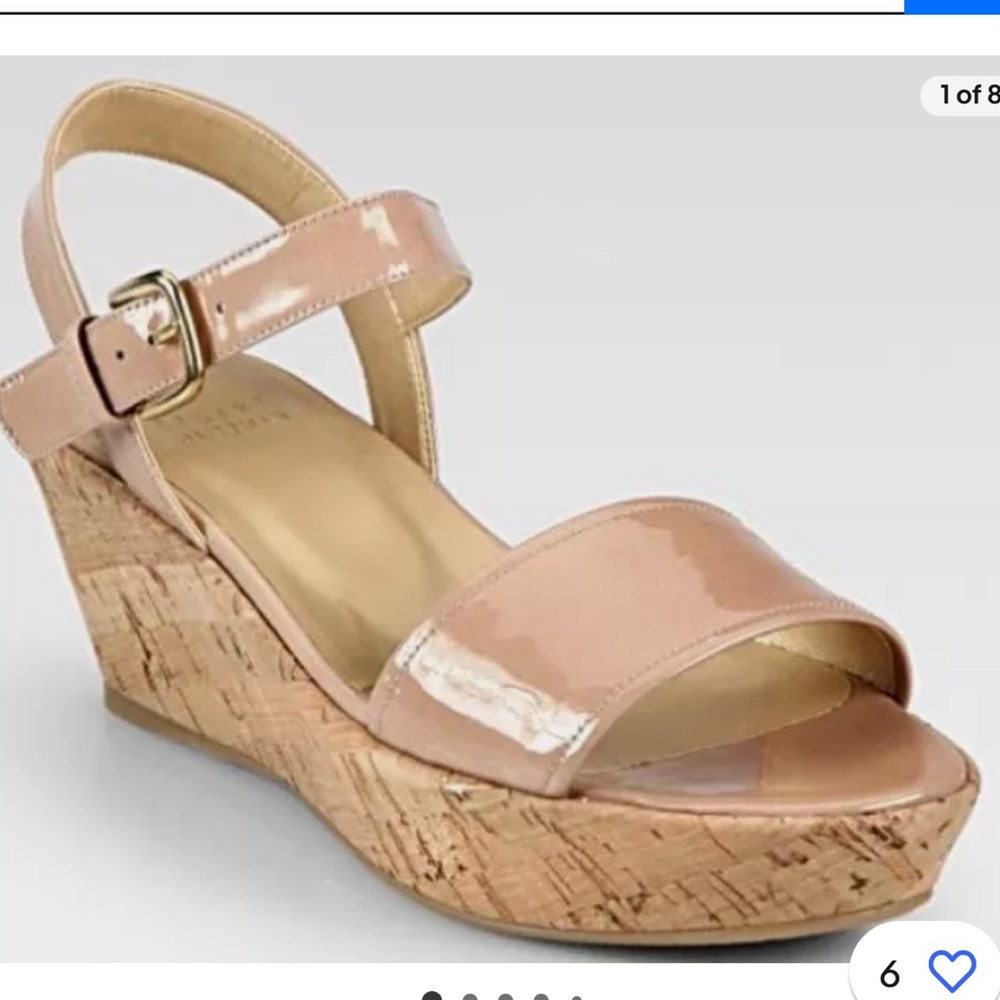 Stuart Weitzman Nude Patent Leather Cork Wedge Sandals